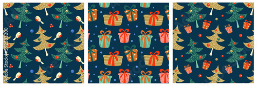 A set of seamless patterns for the New Year theme. Christmas tree, gifts, bullfinches. Hand drawn design for wallpaper, packaging, printing, production.