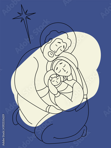 Merry Christmas. Holy Family Virgin Mary and Joseph. The birth of the baby Savior Jesus Christ. Holy night and the star of Bethlehem. Vector. Line, outline. Religious, family holiday concept