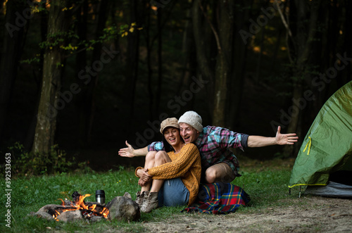Couple in love. Camping day. Sensual. Forest background. People. Vacation concept. Travel. 