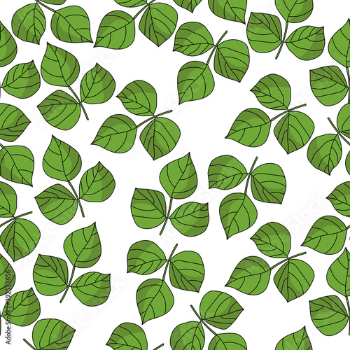Twig seamless pattern with three large green leaves on a white background, herb with a wide leaf © SunnyColoring
