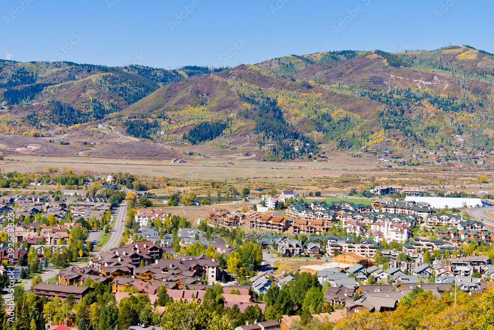 Steamboat Springs - Autumn Aerial view of northern Colorado town of Steamboat Springs, Routt County, in Autumn
