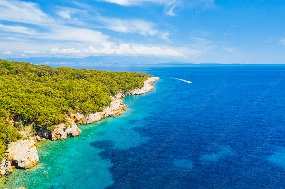 Splendid view of the blue lagoon on sunny day. Location place Kvarner Gulf, Cres island, Croatia, Europe.