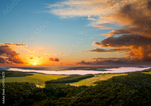 Attractive top view on rural landscape at dawn.
