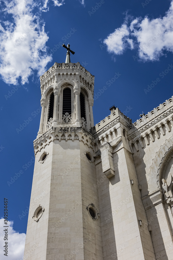 Basilica Notre-Dame de Fourviere on the Fourviere hill, dedicated to the Virgin Mary. Basilica Notre-Dame de Fourviere built between 1872 and 1884. Lyon. France.