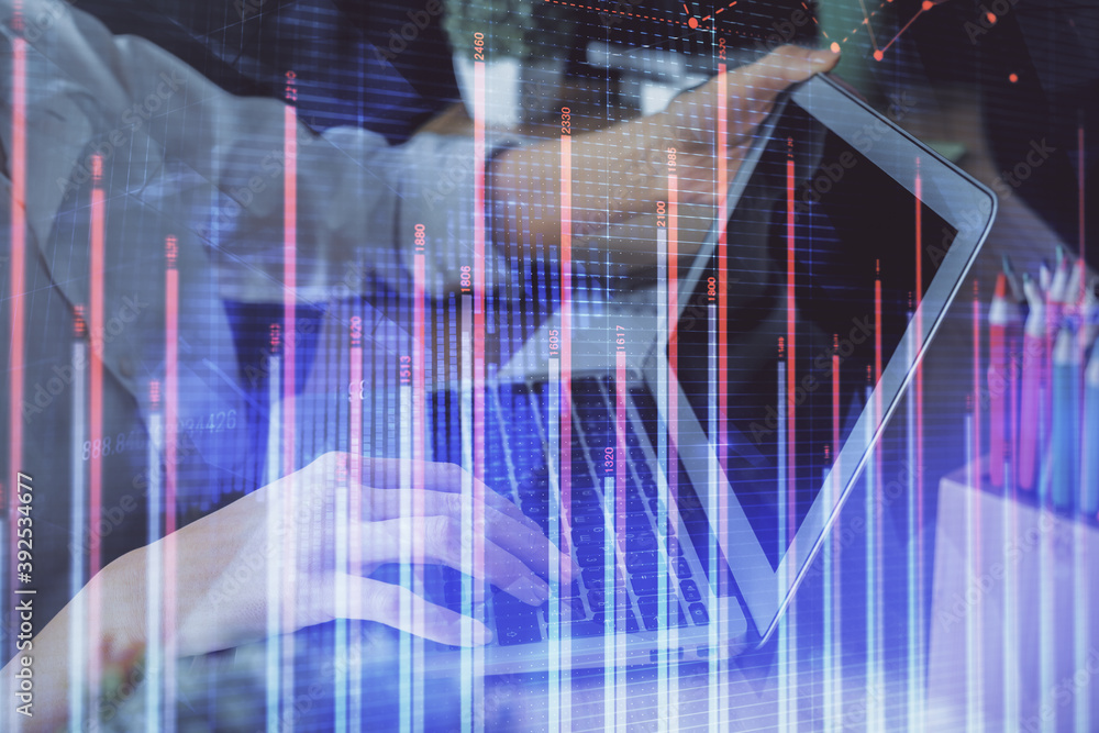 Double exposure of woman hands typing on computer and forex chart hologram drawing. Stock market invest concept. Double exposure of woman hands typing on computer and forex chart hologram drawing. Stock market invest concept.