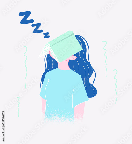 Vector illustration of knowledge from reading. The girl reads a book absorbing knowledge, but excessive study does not allow her to relax and the girl fell asleep.