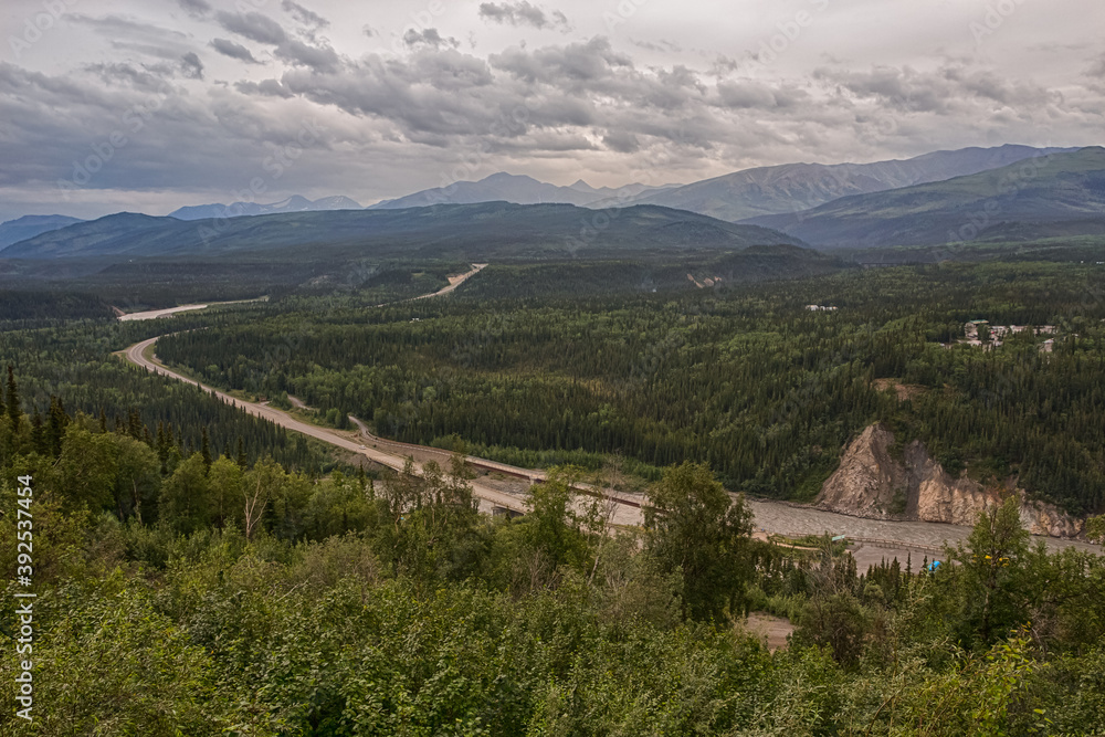 Denali National park entrance overlook. Nenana river valley. Alaska, USA. HDR version