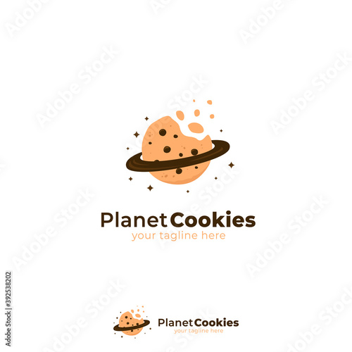 Planet cookies logo with bitten cookies and planet ring icon symbol illustration