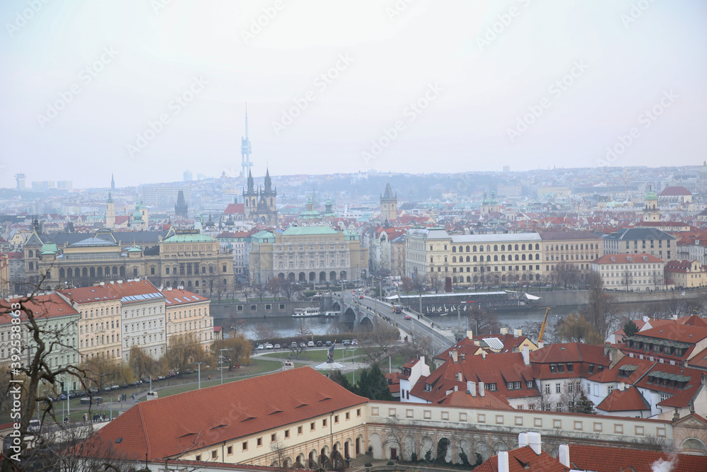 Panoramic view of old Prague in winter
