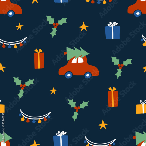 Cute Christmas hand drawn winter seamless pattern with red car and Christmas tree on the roof, gift, lights, mistletoe. Vector illustration