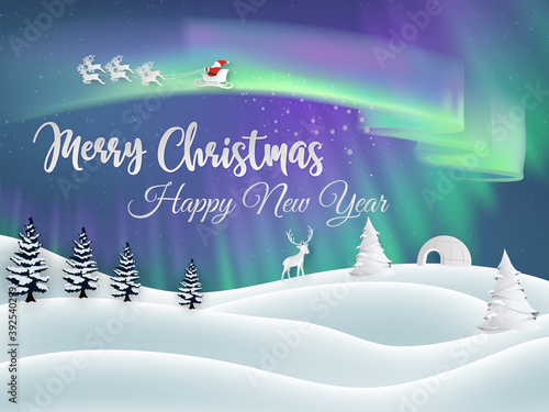 blank Merry Christmas and Happy New Year card or banner with the northern lights and Santa's sleigh in the background and a snowy hill with fir trees, a reindeer and an igloo