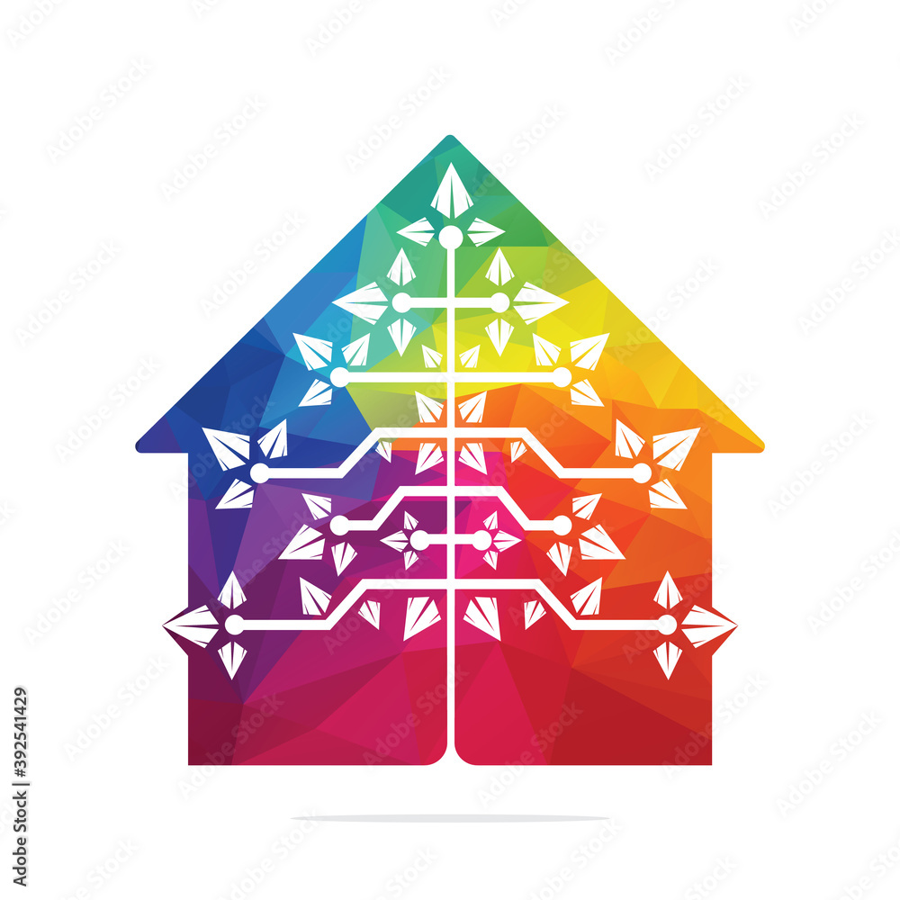 Home Digital Christmas tree logo. Technical Triangle Tree Vector Template Design.