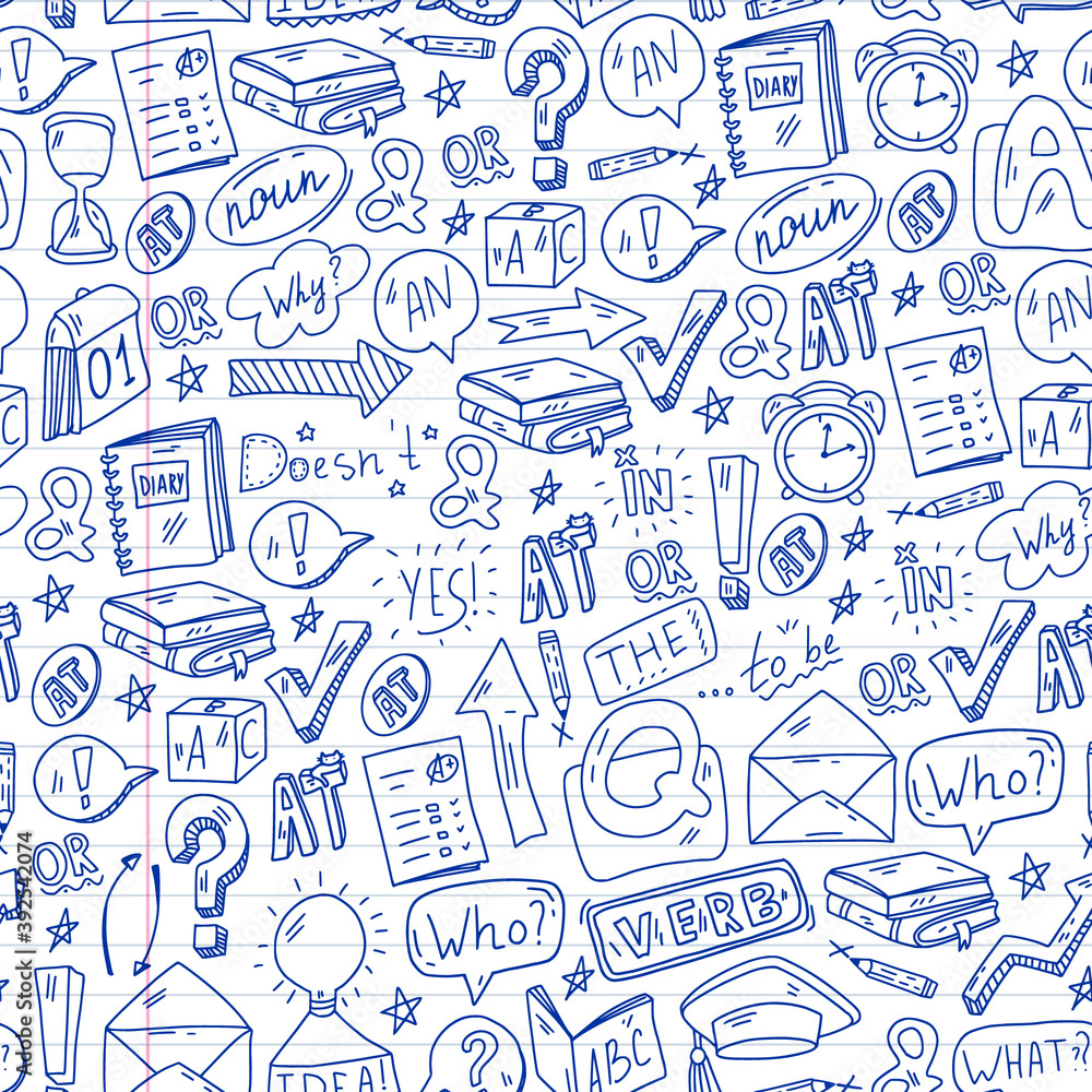 Doodle vector pattern. Illustration of learning English language. E-learning, online education in internet. Doodle vector pattern. Illustration of learning English language. E-learning, online education in internet.