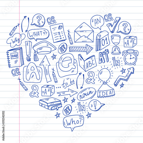 Doodle vector pattern. Illustration of learning English language. E-learning, online education in internet.