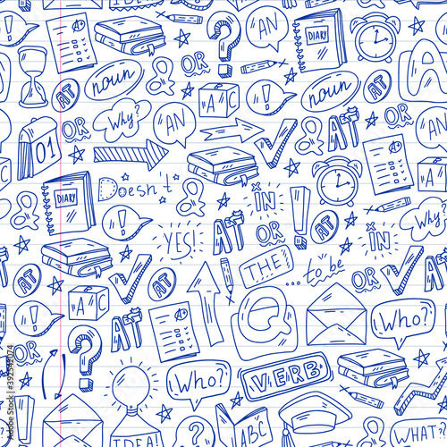 Doodle vector pattern. Illustration of learning English language. E-learning, online education in internet.