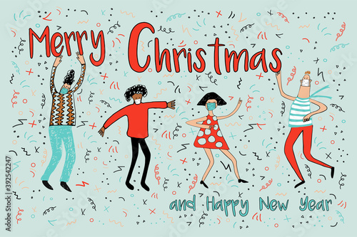 Merry Christmas and Happy New Year greeting card illustration of young people group dancing together in face masks at holiday party. Diverse culture friends team celebrating.