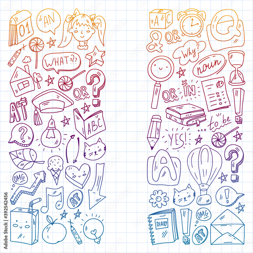 Back to school. Vector illustration with icons about education. English learning. Online internet courses.