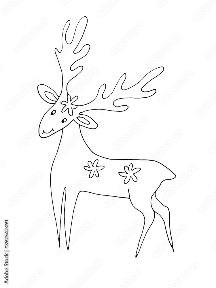 Fototapeta premium Deer with snowflakes on the back, graphic black and white drawing, isolate on a white background