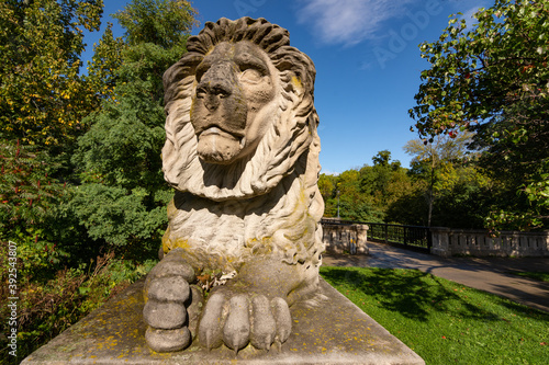 Stone lion statue in the grounds of North Point Lighthouse. Milwaukee, Wisconsin, USA