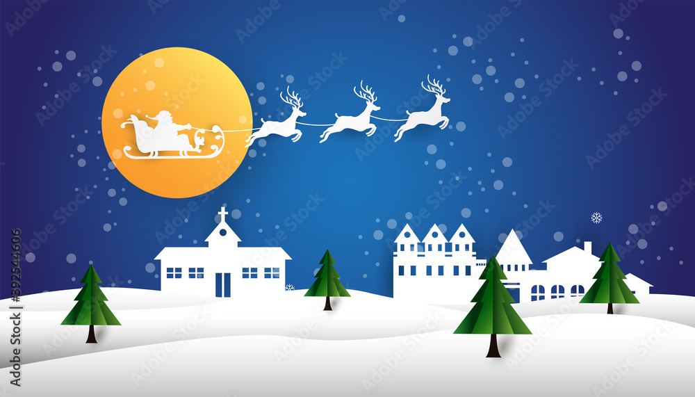 merry christmas, snow in the sky, paper art style, vector design.