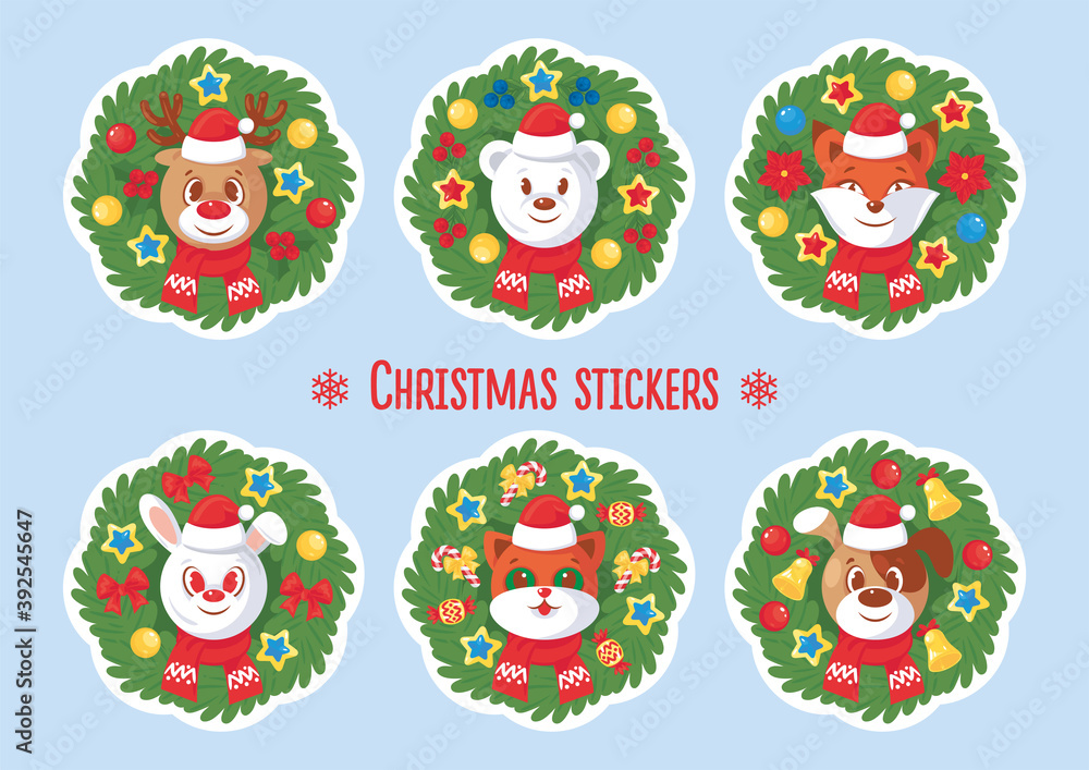 Set of Christmas stickers with deer, bear, fox, hare, cat and dog. Isolated. Vector illustration, card, sticker, print, decor, icon, magnet.