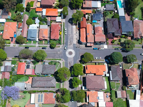 Photography Panoramic Aerial Drone view of Suburban Sydney NSW Australia house, roof tops, t
