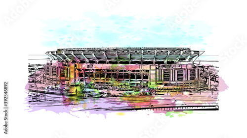 Building view with landmark of Cleveland, officially the City of Cleveland, is a major city in the U.S. watercolour splash with hand drawn sketch illustration in vector.