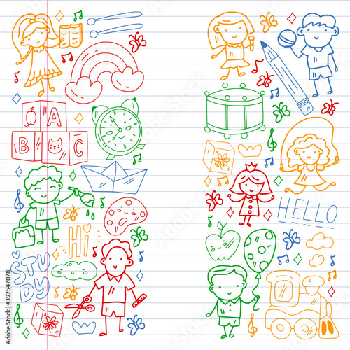 Vector pattern. School and online education. Little boys and girls play and grow together.