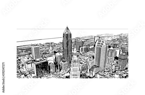 Building view with landmark of Cleveland, officially the City of Cleveland, is a major city in the U.S. Hand drawn sketch illustration in vector.