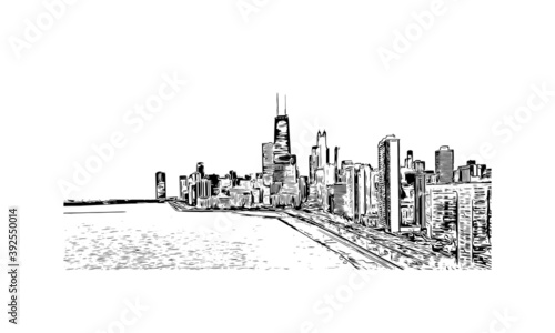 Building view with landmark of Chicago, on Lake Michigan in Illinois, is among the largest cities in the U.S. Hand drawn sketch illustration in vector.