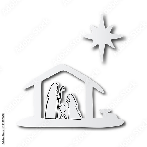 black line hand drawn of Christmas Christian Nativity Scene of baby Jesus in manger with Mary and Joseph on cut paper with shadow isolated on white background