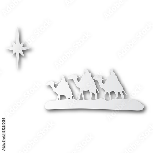 Three wise men on camels and star in shape of cut paper with shadow isolated on white background