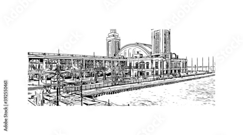Building view with landmark of Chicago, on Lake Michigan in Illinois, is among the largest cities in the U.S. Hand drawn sketch illustration in vector.