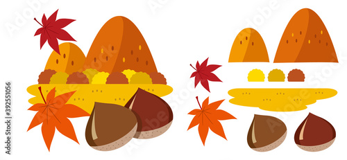 栗と紅葉の秋の季節イラスト素材