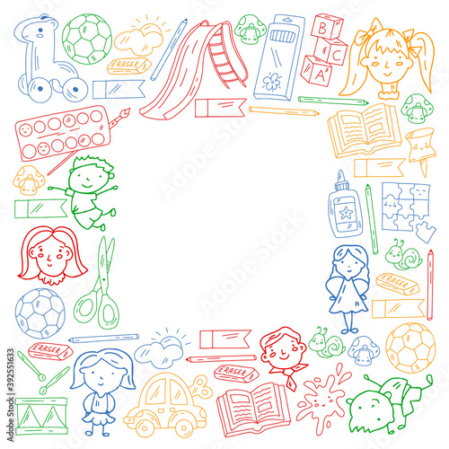 Kindergarten. Vector pattern with toys and small children. Preschool education.