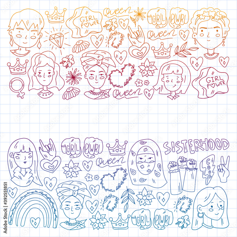 Fototapeta premium Feminism vector pattern. Fight for women rights. Hand lettering quotes.