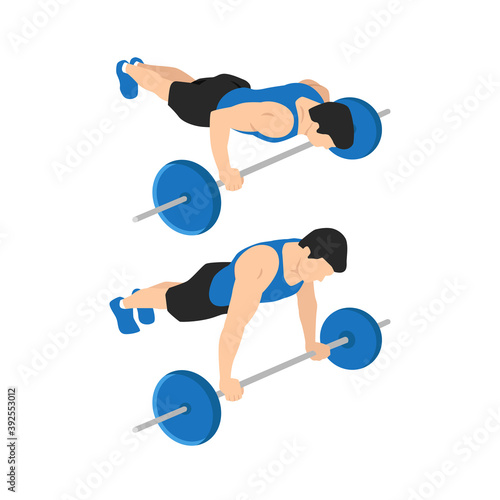 Barbell push ups exercise. Flat vector illustration isolated on white background. workout character set