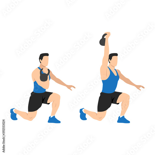 Kneeling kettlebell press exercise. Flat vector illustration isolated on white background.Workout character