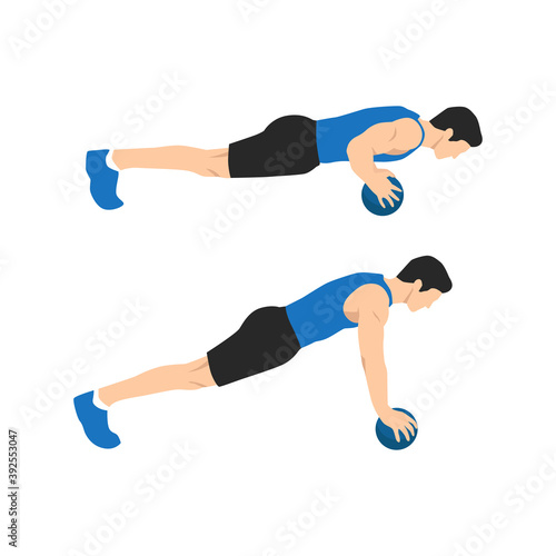 Medicine ball push ups exercise. Flat vector illustration isolated on white background. Chest exercise