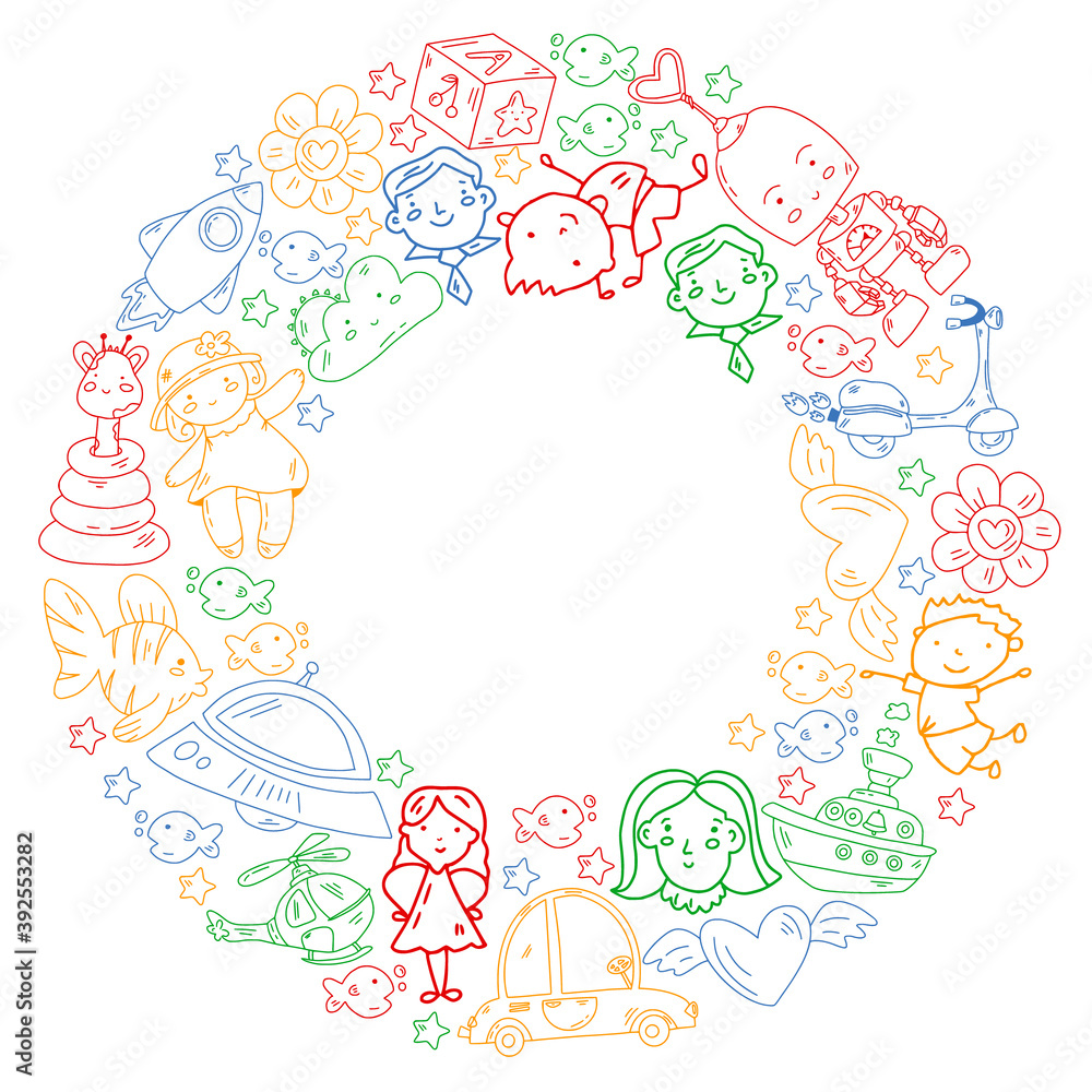 Doodle set of objects for kids. Toys and boys and girls. Kindergarten children. Vector outline icons