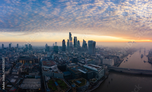 This panoramic photo of the City Square Mile financial district of London shows many iconic skyscrapers including the newly completed 22 Bishopsgate tower
