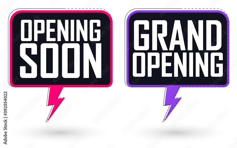 Banners design template, business startup ceremony isolated symbols, grand opening soon, vector illustration