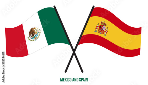 Mexico and Spain Flags Crossed And Waving Flat Style. Official Proportion. Correct Colors.