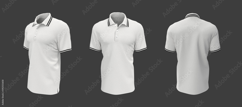 Blank collared shirt mockup in front, side and back views, tee design presentation for print, 3d rendering, 3d illustration Blank collared shirt mockup in front, side and back views, tee design presentation for print, 3d rendering, 3d illustration