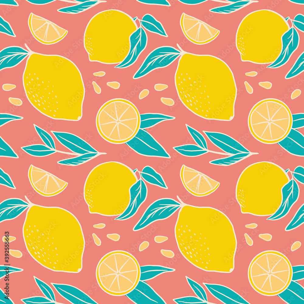 Flat seamless pattern with yellow lemons. Fruit vector pattern on ref background. Perfect for fabric, clothes, wallpaper, wrap paper Flat seamless pattern with yellow lemons. Fruit vector pattern on ref background. Perfect for fabric, clothes, wallpaper, wrap paper