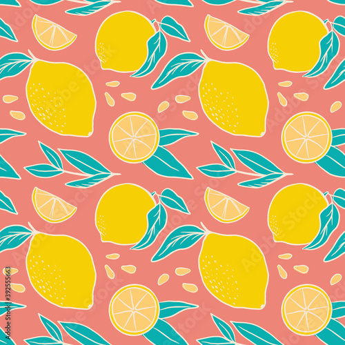 Flat seamless pattern with yellow lemons. Fruit vector pattern on ref background. Perfect for fabric  clothes  wallpaper  wrap paper