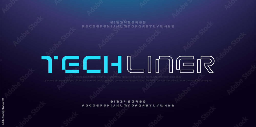 Abstract modern thin line font alphabet. Technology digital neon fonts and numbers. Typography typeface uppercase number. vector illustration Abstract modern thin line font alphabet. Technology digital neon fonts and numbers. Typography typeface uppercase number. vector illustration
