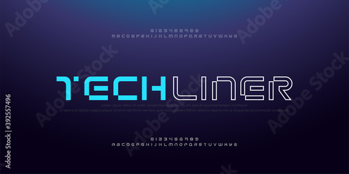 Abstract modern thin line font alphabet. Technology digital neon fonts and numbers. Typography typeface uppercase number. vector illustration