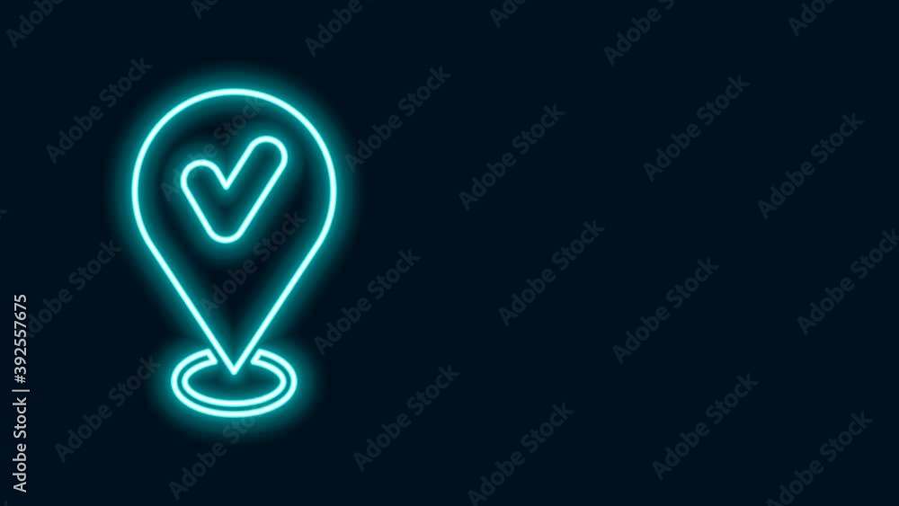 Glowing neon line Map pin with check mark icon isolated on black ...
