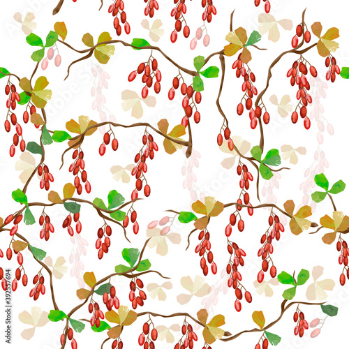 Seamless pattern with berries of barberry on branches with leaves on a green background, for printing on fabric, paper. Autumn berries